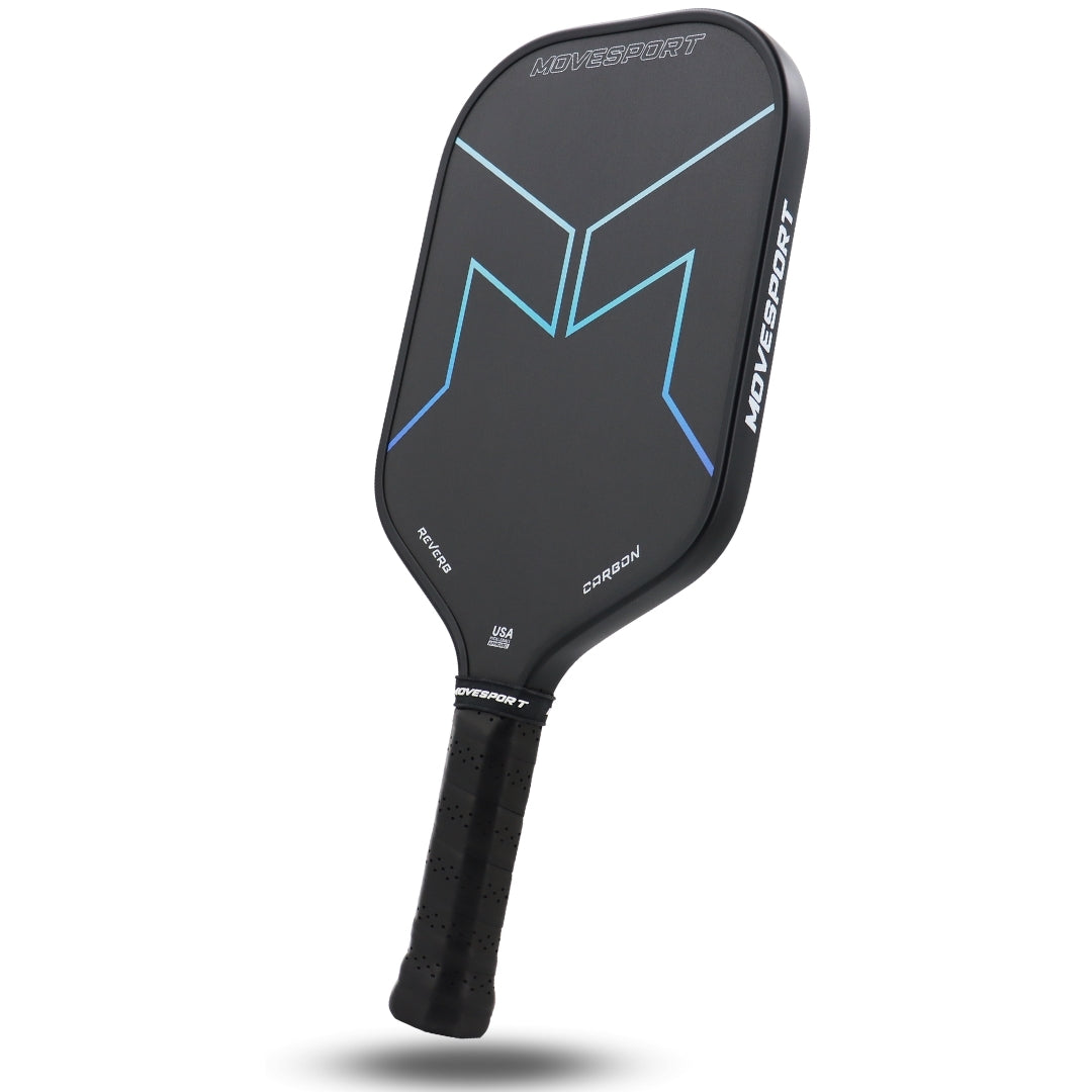 MOVESPORT Reverb Carbon Fiber Pickleball Paddle Blue Fade angled Hybrid pickle ball paddle display Thermoformed Foam Injected edge T700 Carbon Friction Surface Power and Control USAPA Approved