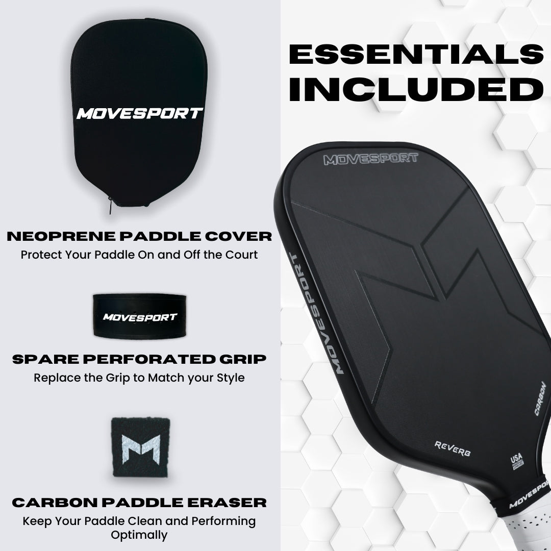 Movesport paddle accessories including a neoprene cover, spare grip, and carbon eraser on a white background.
