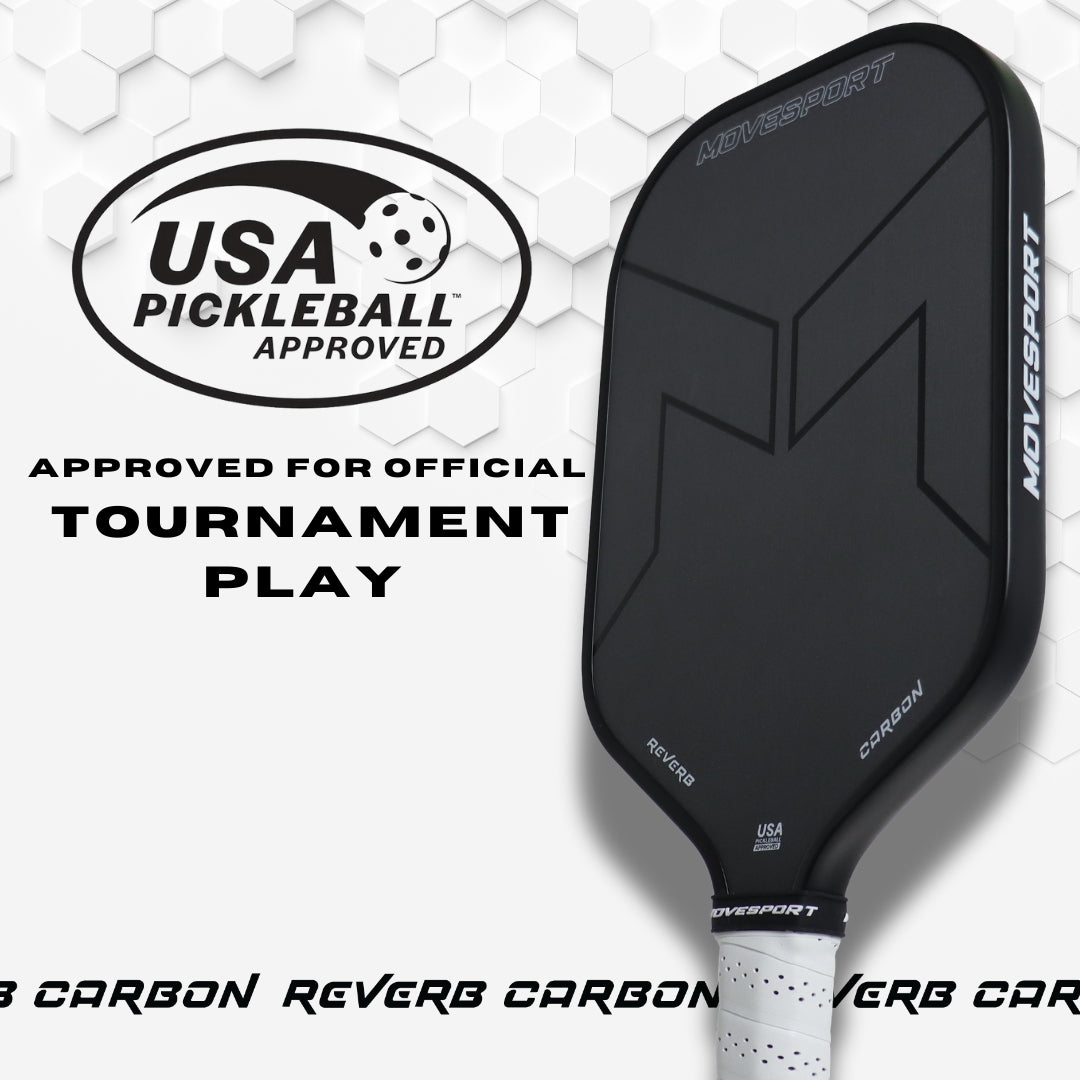 Black pickleball paddle with 'Movesport' branding and USA Pickleball Approved logo on a white background.