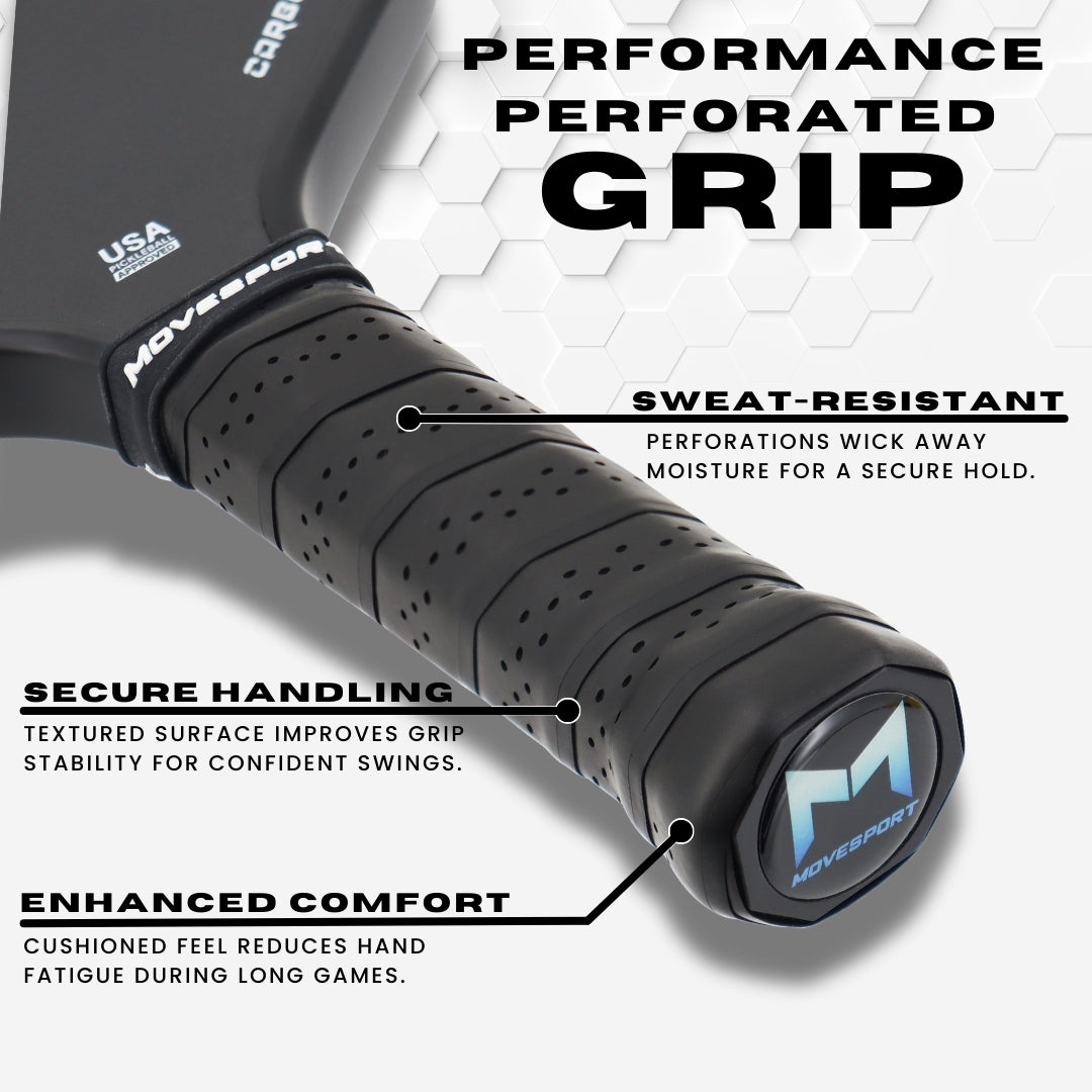 Close-up of a pickleball paddle handle with text highlighting features like sweat-resistance, secure handling, and enhanced comfort.