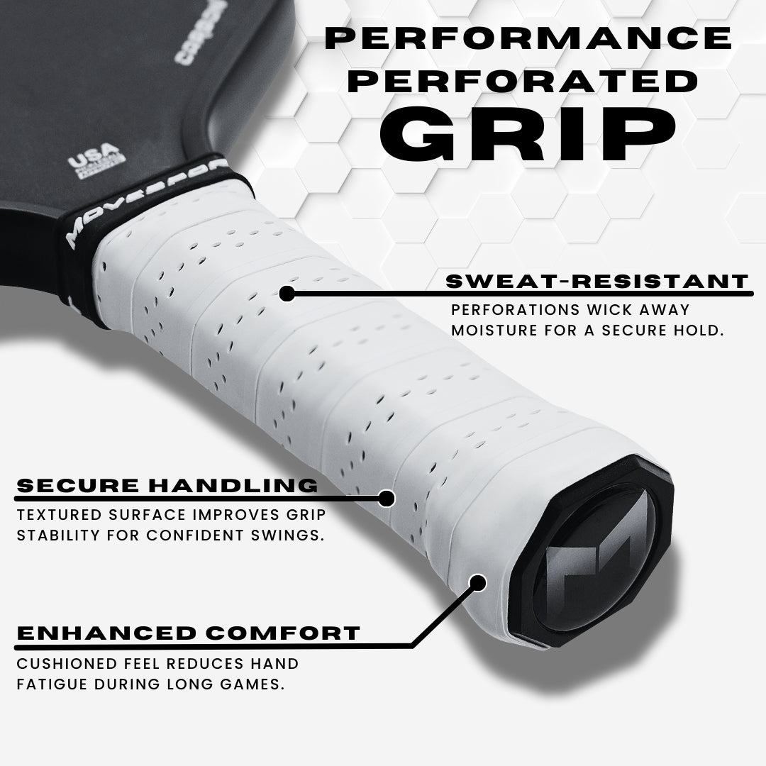 Close-up of a pickleball paddle handle with text highlighting features like sweat-resistance, secure handling, and enhanced comfort.