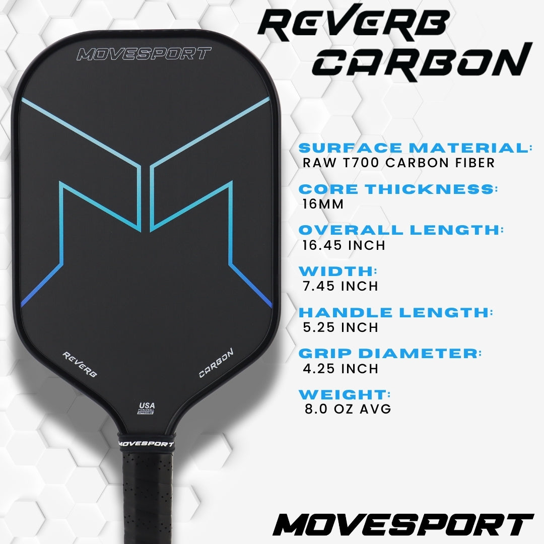 Movesport Reverb Carbon pickleball paddle with specifications on a white background