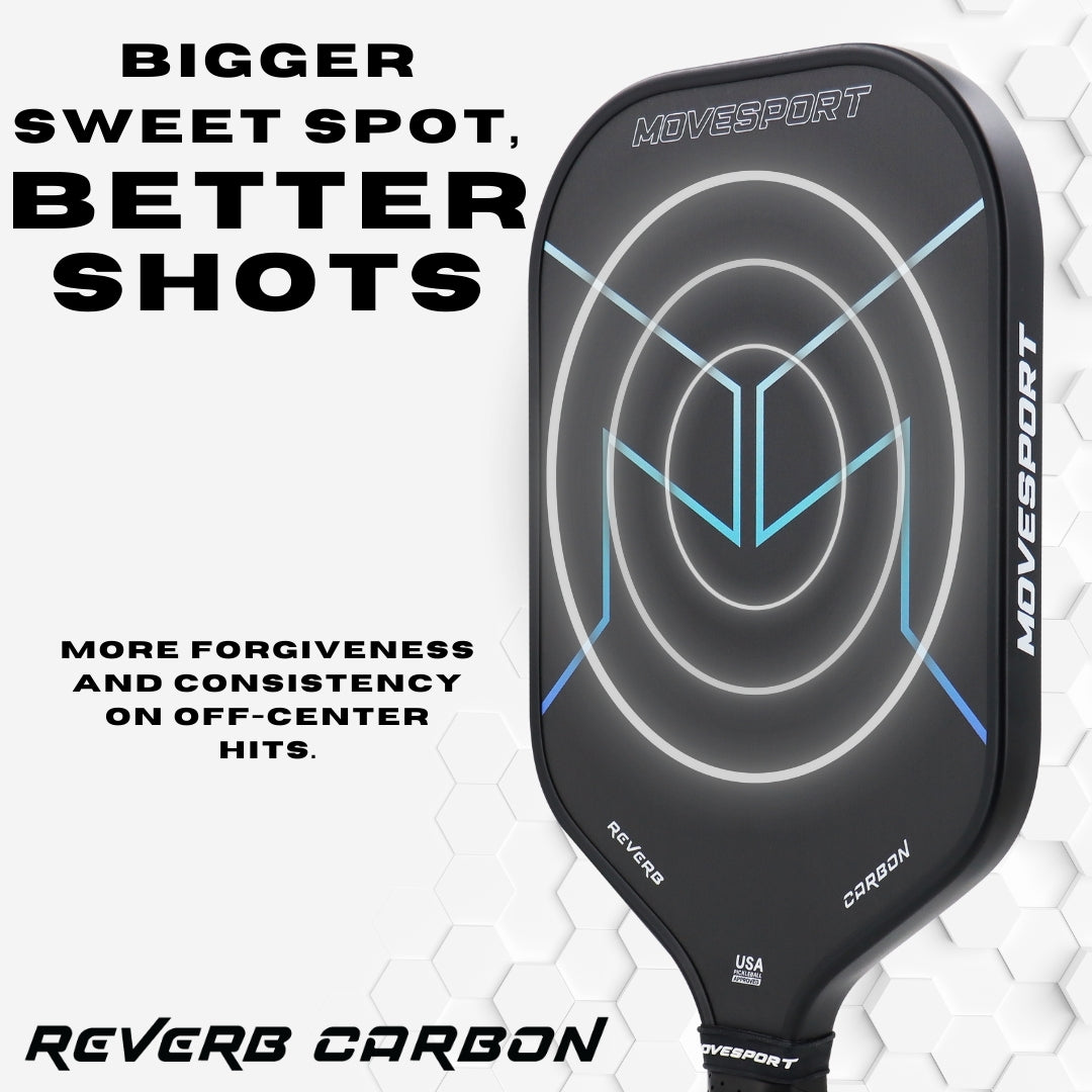 Movesport Reverb Carbon pickleball paddle with branding and promotional text on a white background. sweet spot technology. 