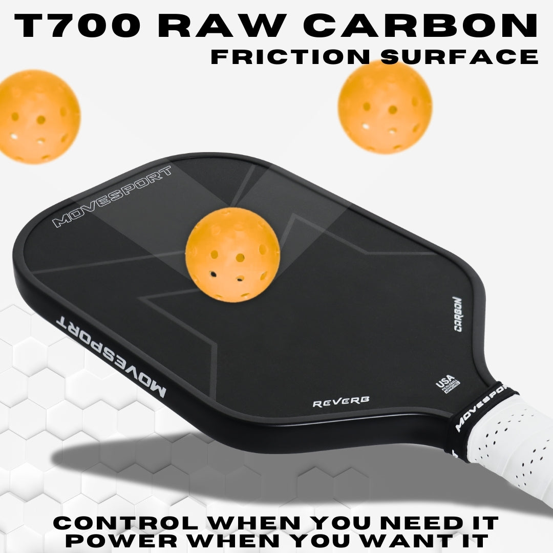 Black pickleball paddle with orange ball on a white background, featuring 'Movesport' branding.