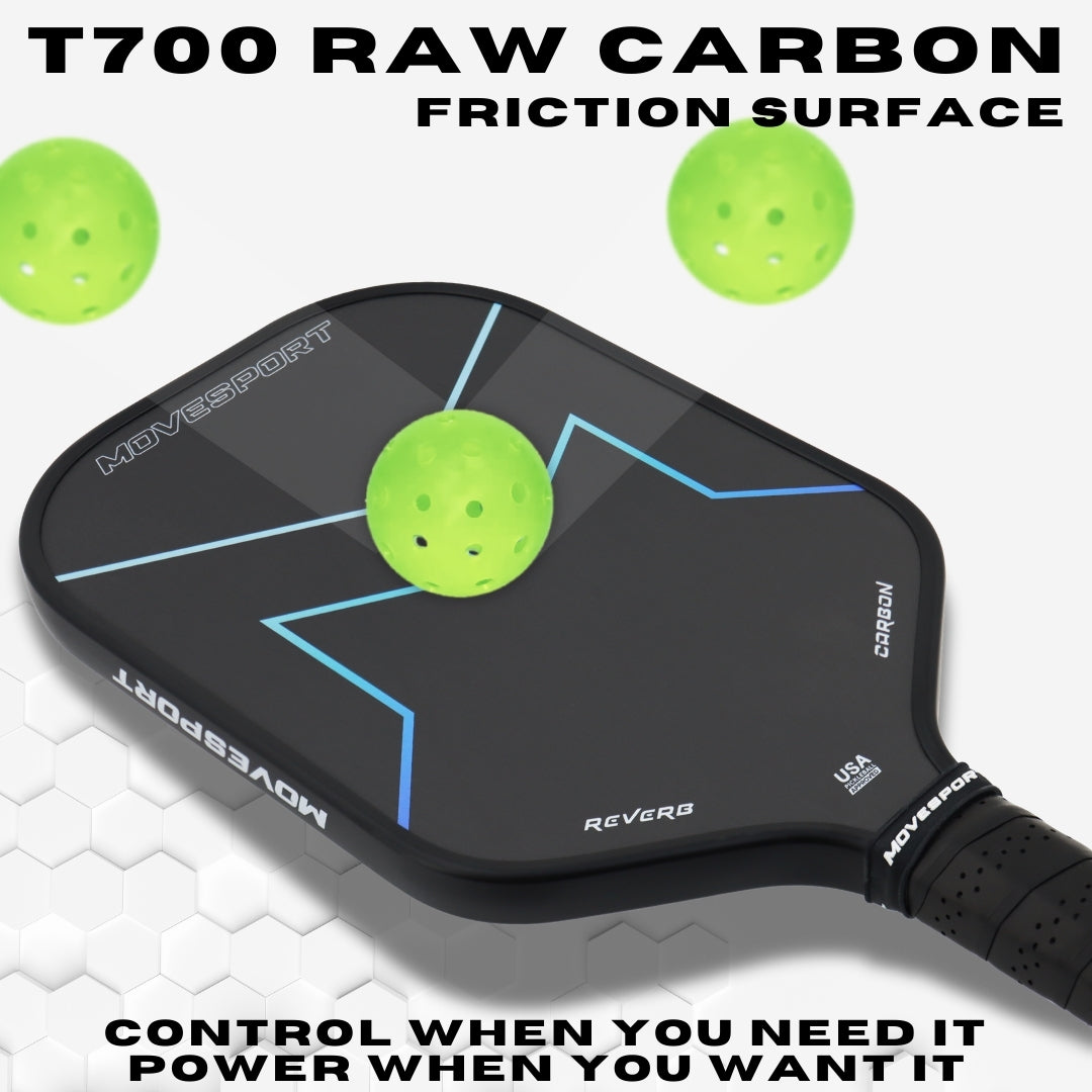 Pickleball paddle with 'T700 Raw Carbon Friction Surface' text and green pickleball on a white background.