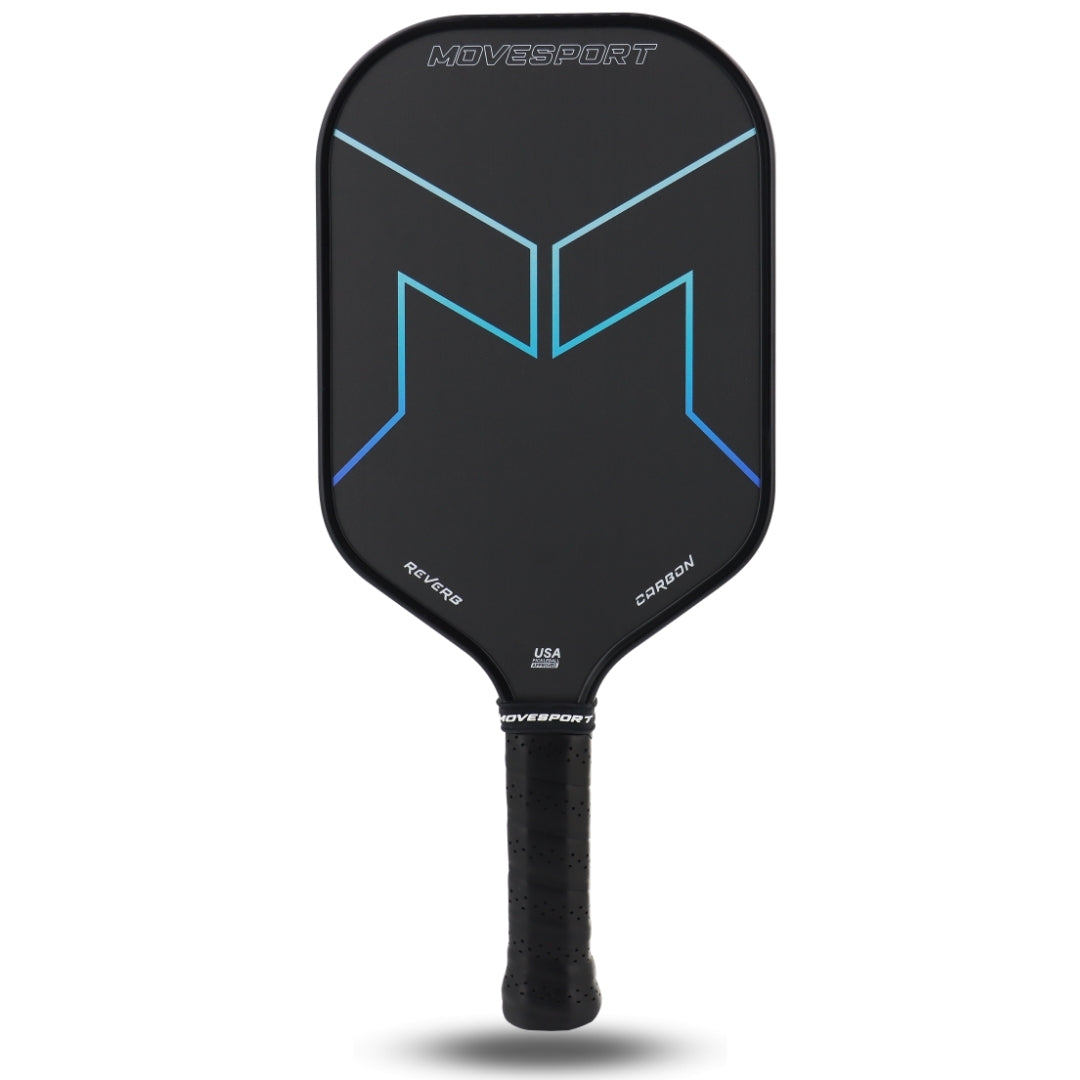Black pickleball paddle with blue accents on a white background