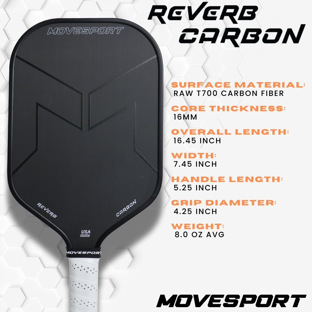 Black pickleball paddle with technical specifications on a white background