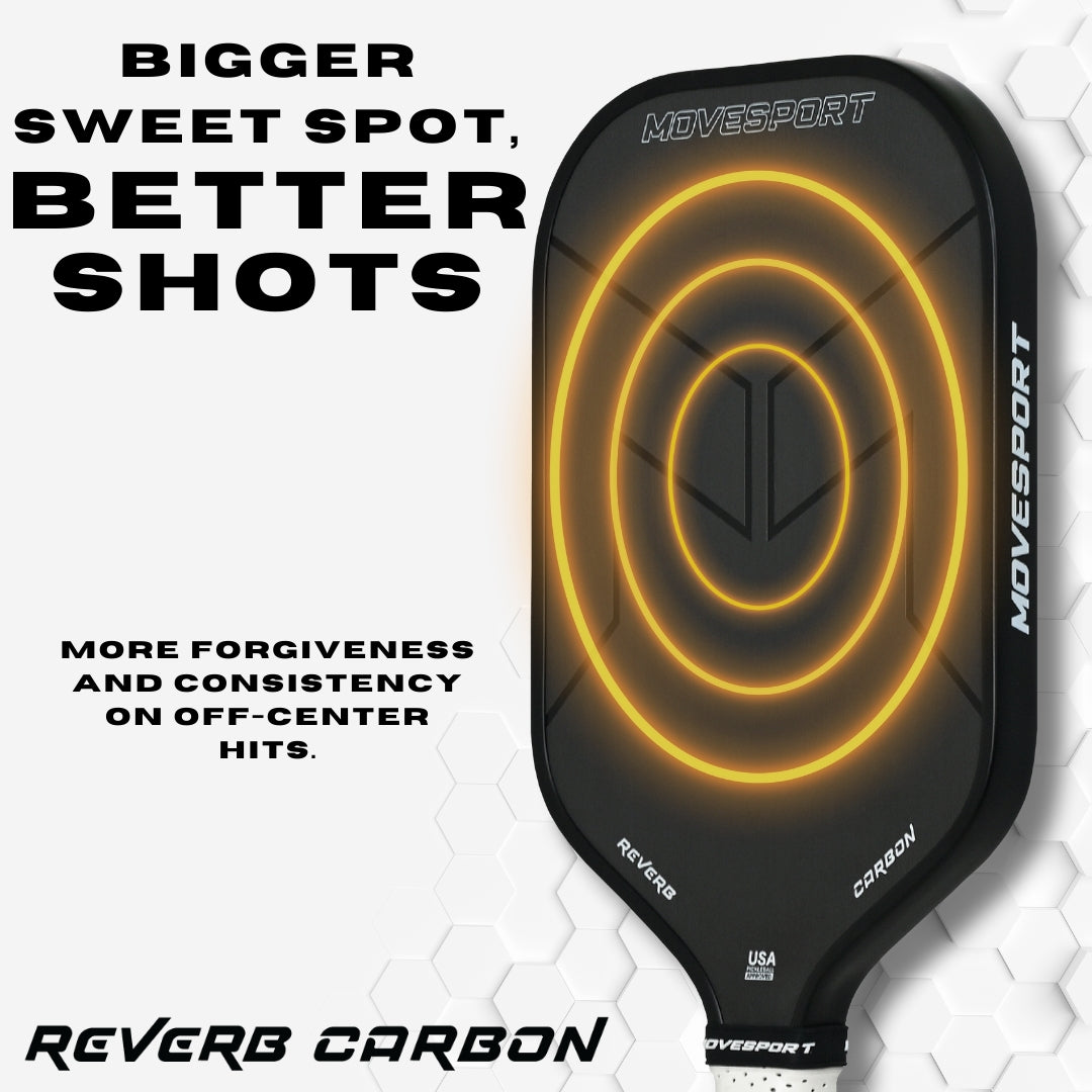 Pickleball paddle with neon yellow design on a white background, featuring text about improved performance.