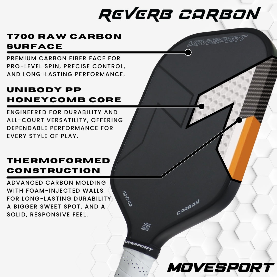 Movesport Reverb Carbon pickleball paddle with feature labels on a white background