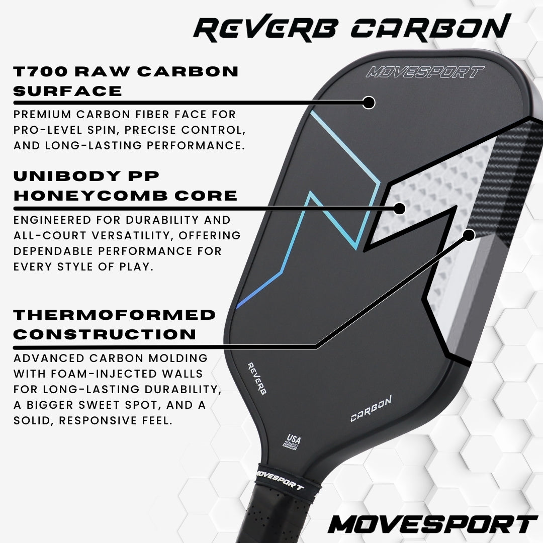 Movesport Reverb Carbon paddle with technical specifications on a white background